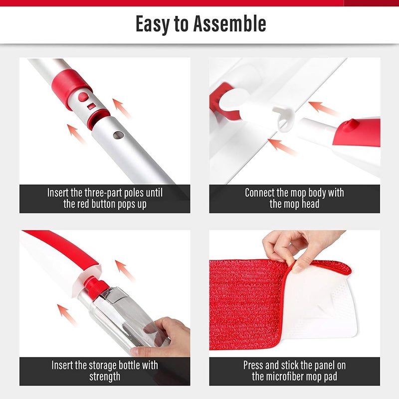 Panda Grip Spray Mops for Floor Cleaning Floor Mop with a Refillable Spray Bottle and 2 Washable Microfiber Pads Home or Commercial Use Dry Wet Flat Mop for Hardwood Laminate Wood (Red) - Image 3